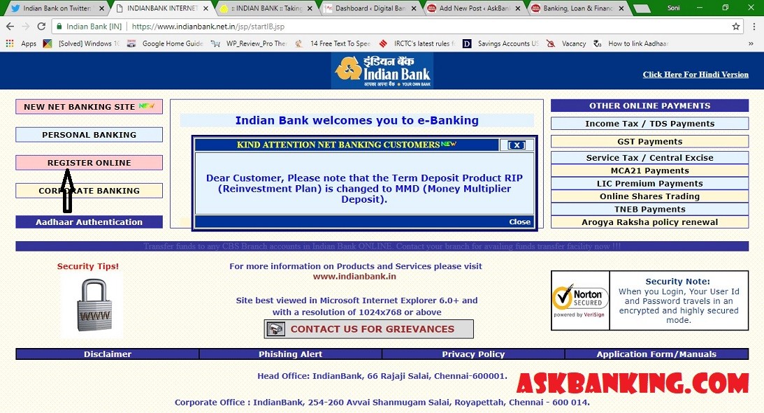 Create ‘Indian Bank’ Internet Banking Password Online (Green PIN) ?