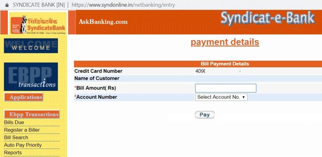 How To Pay Syndicate Bank Credit Card Minimum Outstanding ...