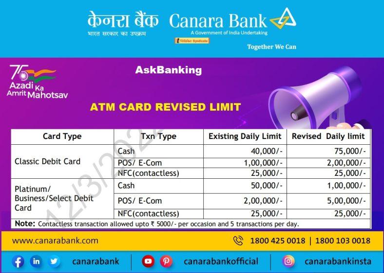 Canara Bank Debit Card Withdrawal Limit Revised