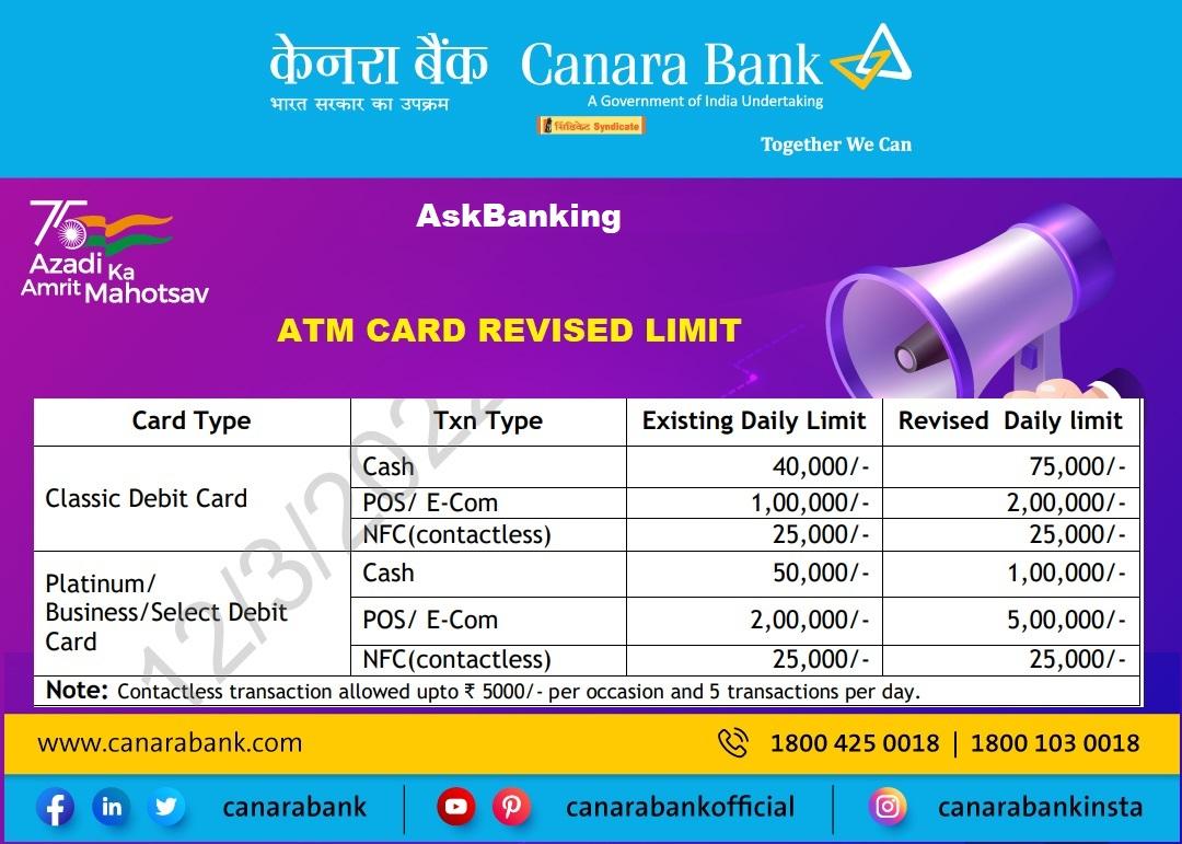 Canara Bank Debit Card Withdrawal Limit Revised